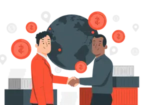 An animated image of two people shaking their hands, with the globe and some dollar behind them, on a transparent background.