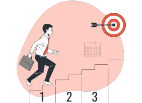 An illustration of a businessman climbing the stairs to reach his goal, on a transparent background.