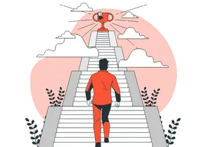 An animated image of a person going upstairs to reach his prize, on a transparent background.