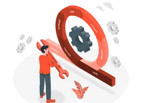 An animated image of a person holding mechanic key trying to fix some issues. The background is transparent.