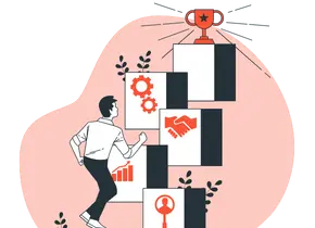 An illustration of a person reaching for its trophy, while going through the obstacles, on a transparent background.