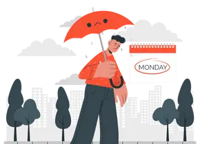 An animated image of a person walking with an open umbrella while raining on Monday. The background is transparent.