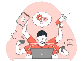 An illustration of a multitasking person, sitting in front of his laptop while taking care of many things, on a transparent background.