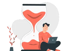 An illustration of a person sitting on his laptop, with a huge sand watch behind him, on a transparent background.