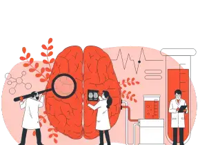 An animated image of a people exploring a brain, in a laboratory, with a transparent background.