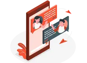 A 3D isometric illustration of a large vertical smartphone screen, displaying two animated characters: a woman with dark hair presenting data on a chart to another character. Both characters are engaged in conversation, with speech bubbles emanating from them. The smartphone stands against a white backdrop with a red feathered quill and an open book visible at the base.